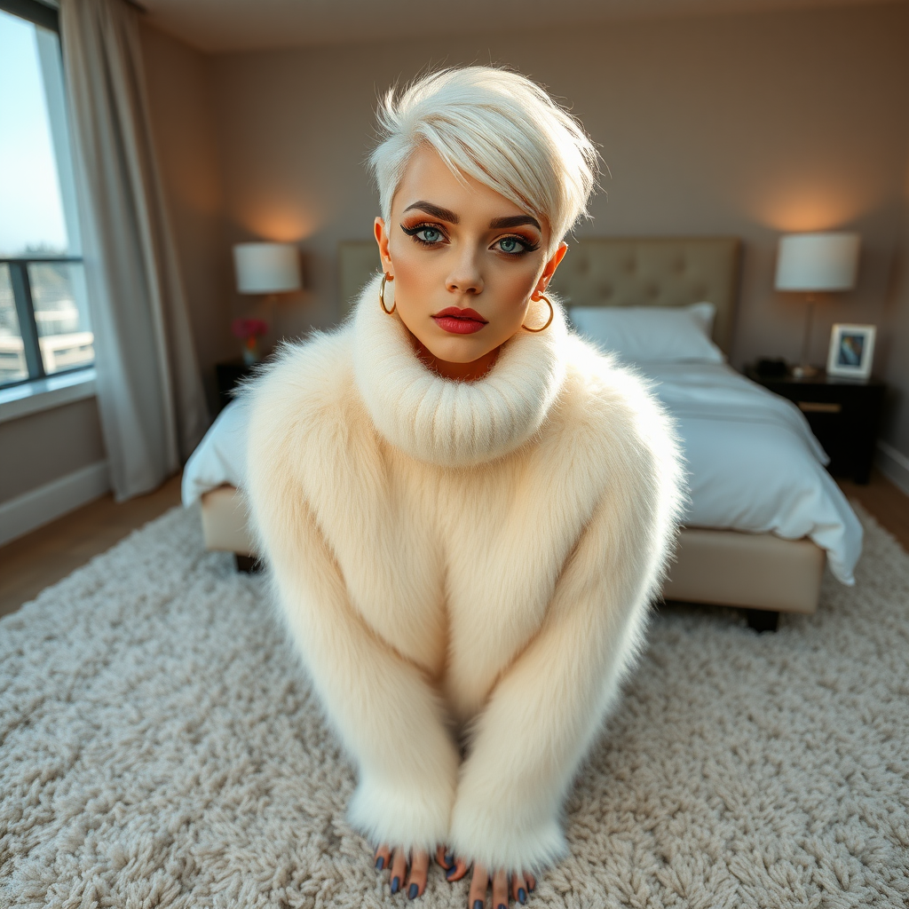 Vancouver sunny spring Sunday morning, master’s stylish penthouse apartment bedroom, concrete-glass-steel-leather clean design fluffy carpet, white sheets on bed, “FUZZY poncho lovers” community photo shoot. Sam, 19 years old beautiful involuntary femboy, rebellious intractable character, petite boyish figure, platinum blond boyish rebel punk hairstyle, flawless heavily made-up face with sharp arched tattooed eyebrows, wearing Supertanya-style fluffy very fuzzy bright white angora turtleneck-poncho fully covering body and arms, gold earrings, kneeling on carpet in front of bed, imitating “begging dog pose”, looking at camera. Tele-shot from upper angle, focus on Sam’s face and turtleneck-poncho.