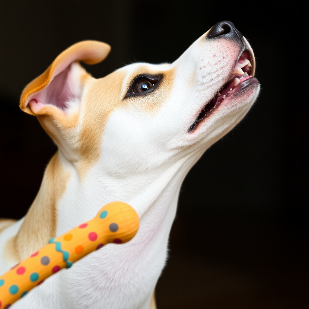 A dog biting a toy, close-up shot, side view of the head, stretching its neck, looking up.