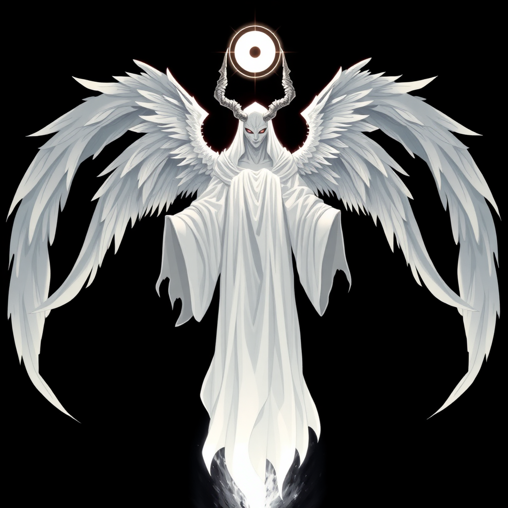 (Anime-styled art) Black background, the eerie figure of Yaldabaoth, the Demiurge, emerges in stark contrast. Towering and ghost-like, his form is tall and ethereal, a spectral white silhouette that seems to glow with an unsettling luminescence. His face is hidden beneath a strange and eerie circular light, radiant and blinding, with a single eye symbol hauntingly suspended within the glow. His head is crowned by four jagged, imposing horns, adding to his menacing yet angelic presence. Draped in flowing robes of white and black, Yaldabaoth's appearance straddles the line between celestial and terrifying. Four majestic angel wings unfurl from his back, their divine beauty twisted by the sinister aura that surrounds him. Floating effortlessly in mid-air, his entire form is visible—a full-body view as his arms extend outward, as if preparing to unleash a powerful, otherworldly force. His presence commands awe and fear, a terrifying blend of celestial grace and eerie malevolence.