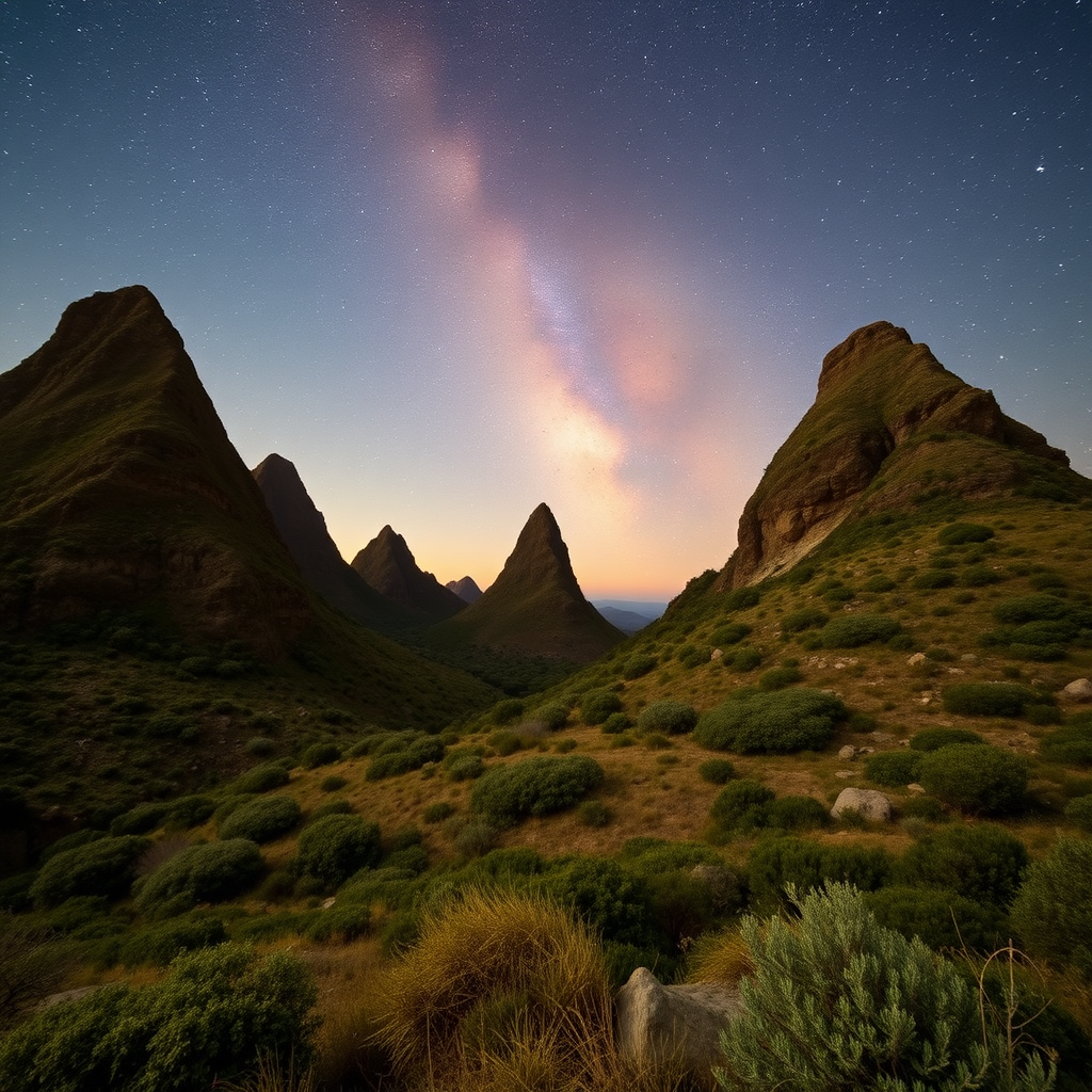 Hilly area of Marmilla, very tall and large conical hills with vegetation, with a semi-dark sky full of stars, and the Milky Way.