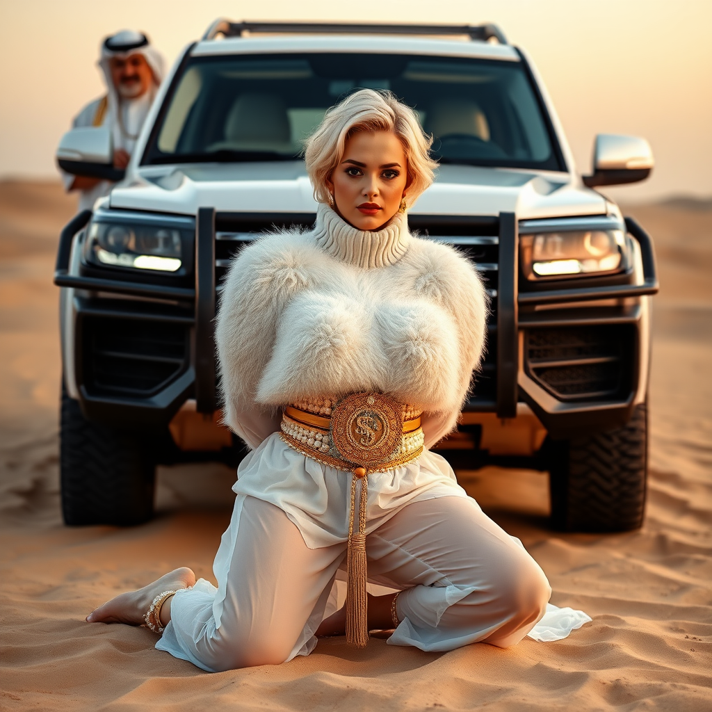 Kuwait desert dunes misty dawn, full size luxury SUV: Melissa, European 17 years old very convincing femboy “trophy-bimbo”, tamed servile docile, very beautiful feminine flawless face, rather short, by hormones very curvaceous womanly figured, platinum blond short tight curls, bold red lips, heavily made-up face, wearing Supertanya-style fluffy very fuzzy bright white angora turtleneck-poncho cropped ending under bust decorated with pearls and gemstones, striking oriental wide gold bridal protection belt, white fully transparent harem pants, full Oriental bridal jewelry including headpiece, nose-ring, coin anklets, striking diamond “$$$” letter brooch on left chest, pout frustrated, hands tied behind back, kneeling in sand in front of SUV, looking at camera. Focus on face and turtleneck-poncho. Standing behind Melissa: older overweight tall proud sheik, approvingly padding Melissa.