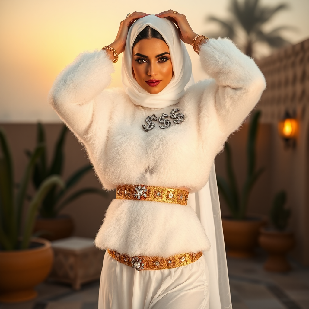 Kuwait desert palace harem patio misty dawn: Melissa, European 17 years old very convincing femboy “trophy-bimbo”, tamed servile docile, very beautiful feminine flawless face, rather short, by hormones very curvaceous womanly figured, heavily made-up eyes, wearing Supertanya-style fluffy very fuzzy bright white angora turtleneck-poncho cropped ending under bust decorated with pearls and gemstones, striking oriental wide gold bridal protection belt, white fully transparent harem pants, full Oriental bridal jewelry, face covered by white sheer full Burka, coin anklets, striking diamond “$$$” letter brooch on left chest, pout frustrated, seductively dancing for the sheik, hands high over her head, looking at camera. Focus on face and turtleneck-poncho.