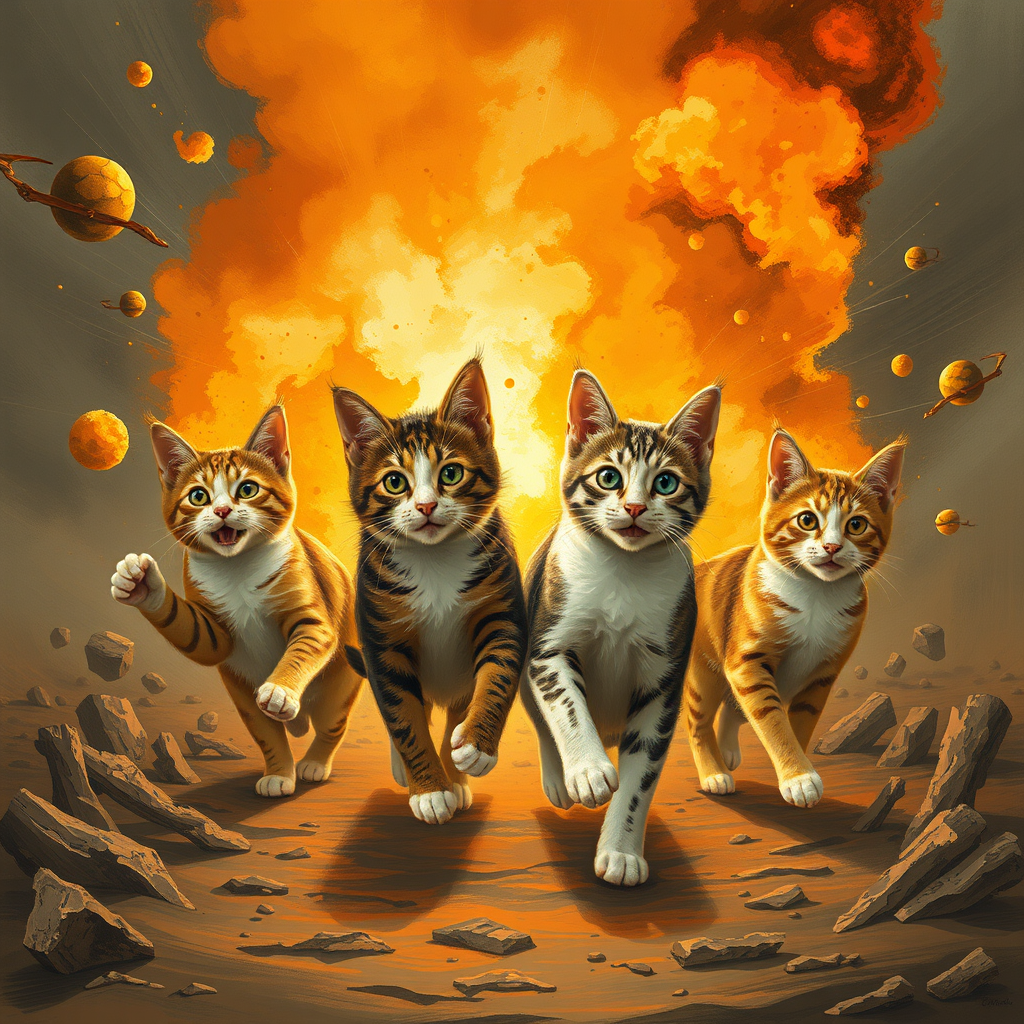 4 cats coming out of an explosion