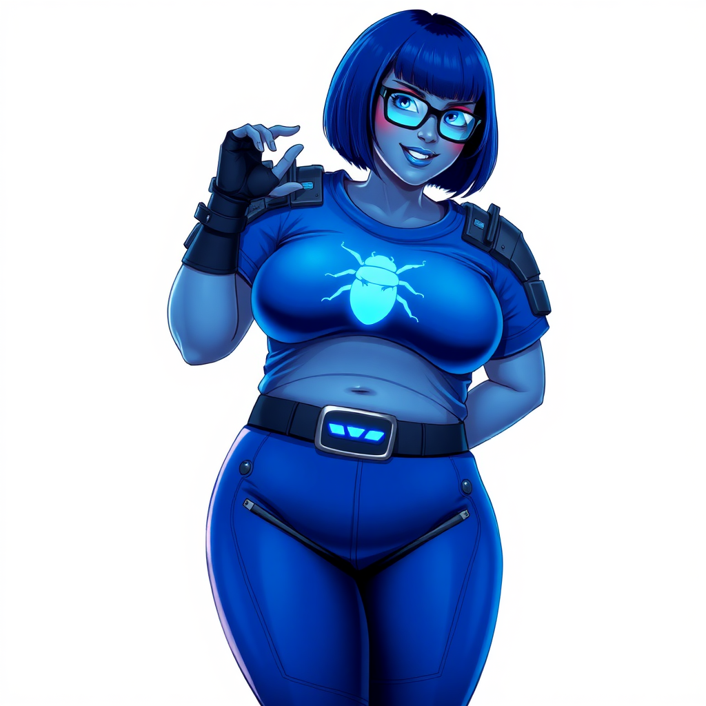 A 28-year-old, full-figured, metallic maximum blue (5PB 5/10) skinned computer program hybrid with a maximum blue bob cut. She has a non-athletic build, highlighted by a prominent, round, large midsection (with heavy emphasis on her belly), which shows the effects of her love of junk food acquired from her boyfriend. As the full-figured, nerdy, digital sidekick to her cyberpunk vigilante boyfriend, her metallic maximum blue skin and maximum blue lipstick (5PB 5/12) emphasize her digital nature. Her skin has a subtle, animated glow, with digital patterns occasionally flickering across it, making her digital nature obvious. She wears a digital, computerized costume, consisting of a huge, tight-fitting, maximum blue t-shirt (5PB 5/12) with a neon blue glowing chest icon of a beetle, hi-tech shoulder pads with neon blue accents, a black hi-tech belt with a digital neon blue glowing buckle, digital maximum blue pants (5PB 5/12) with neon blue accents, and black hi-tech fingerless biker gloves with neon blue glowing accents. Her neon blue glowing eyes, black eyeglasses with neon blue glowing lenses equipped with a built-in HUD, and bashful smile with neon red blush accentuate her nerdiness. She stands bashfully with one hand behind her back and the other hand gently touching her cheek, her costume covering all her skin and fully emphasizing her full-figured physique (especially her belly). She is clearly non-athletic, with a focus on her full-figured physique. Despite her build, she radiates beauty. She has a slim face compared to her physique, accentuating her radiant beauty. She is on a solid white background. She is drawn as if she were in a retro 2D cyberpunk fighting game. Ensure her skin has a maximum blue (5PB 5/10) skin tone.