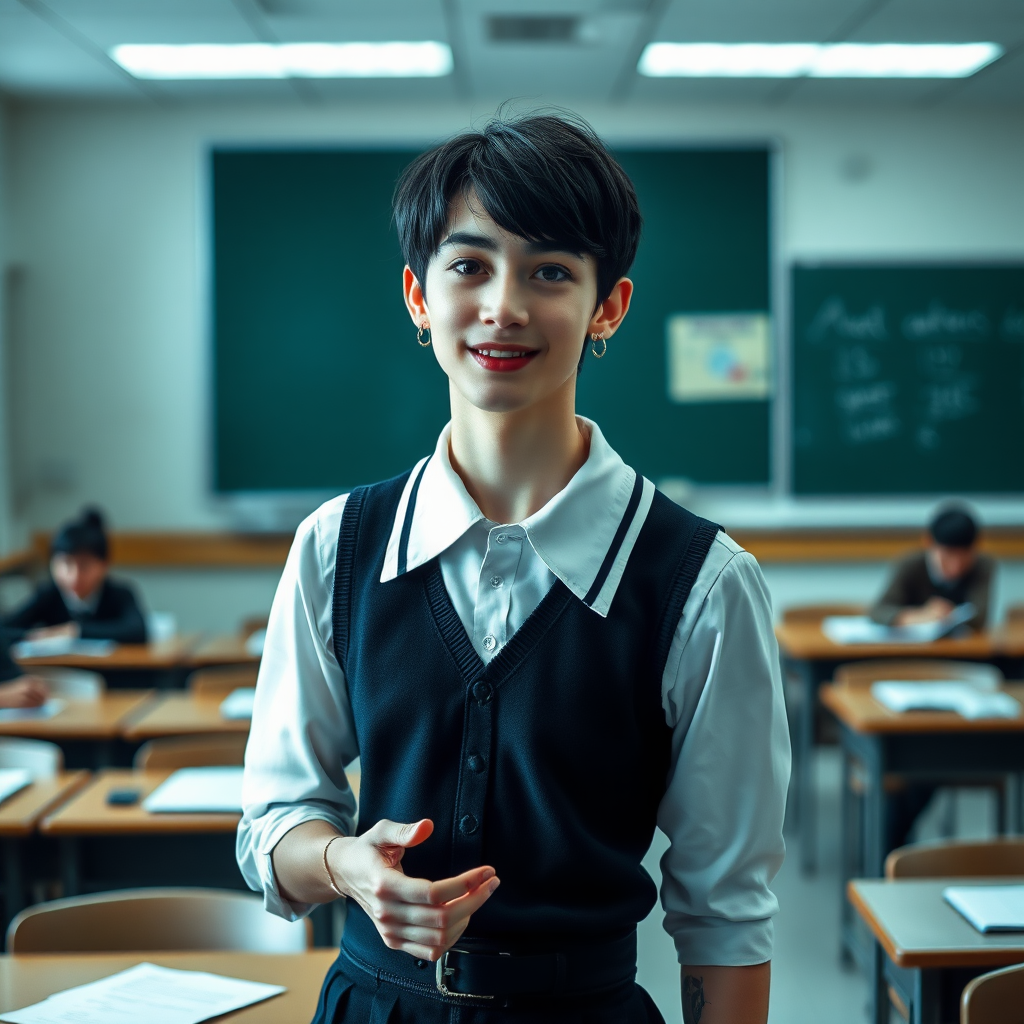 photorealistic, ultra high resolution, 16K, surreal fantasy, soft studio lighting, a pretty 17 year old goth male, slim male physique, short dark hair, blue eyes, goth makeup, earrings, sheer pantyhose, UK girls-school uniform, Mary-Jane shoes, standing in the classroom delivering a talk, excited smile, facing the camera.