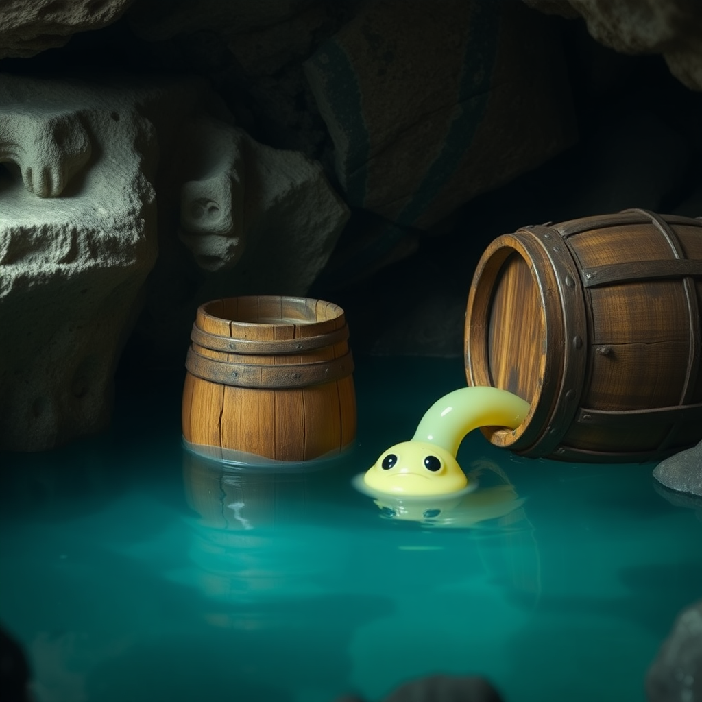 A photo realistic small pool in a cave with a wooden barrel next to it that has a small round transparent pale yellow slime monster crawling out of the barrel.