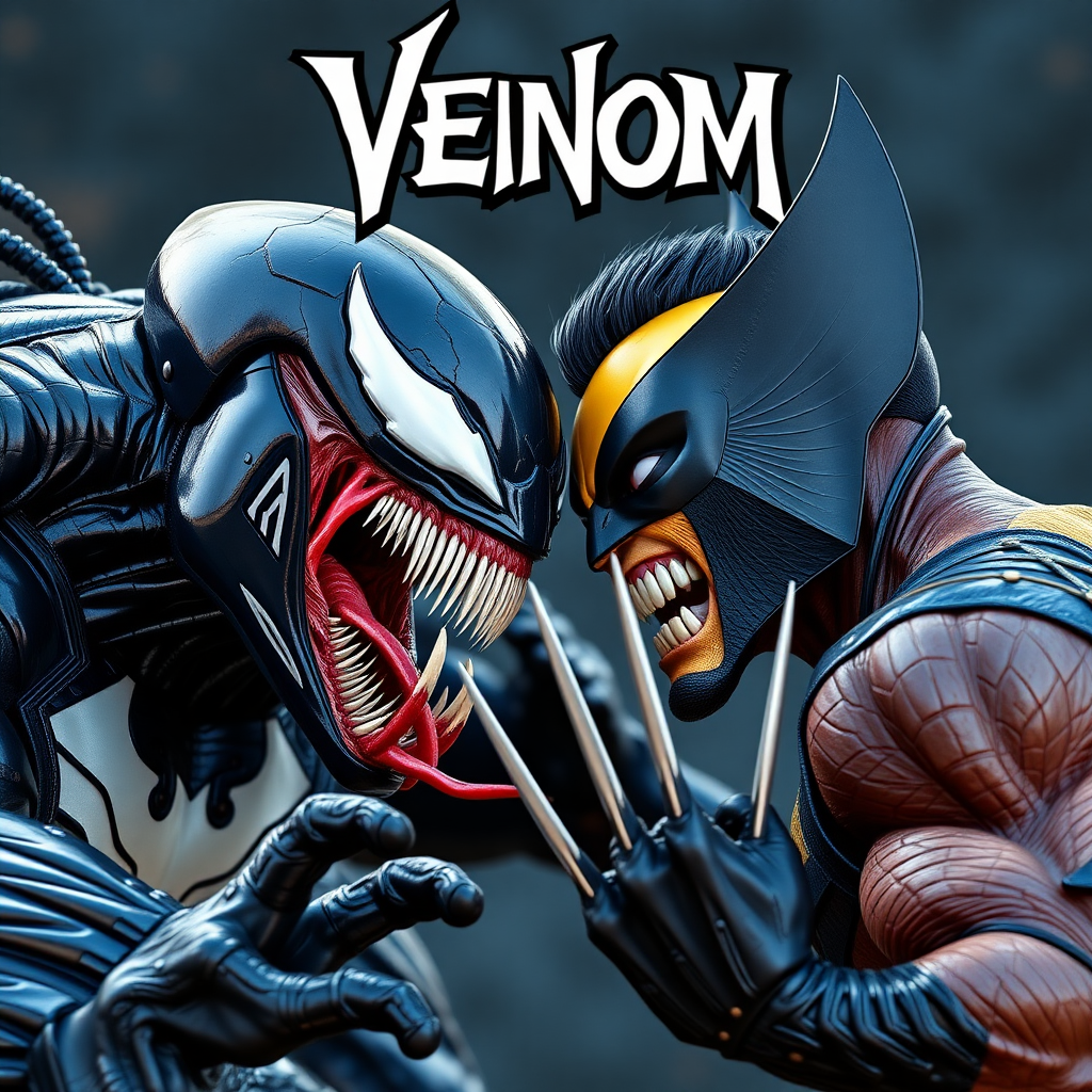 comic book cover is Venom Vs Wolverine in Cinematic Real3d photo-realistic quality.