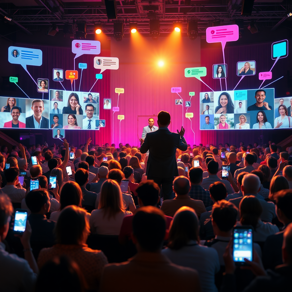 An image of a charismatic host standing on a brightly lit stage, engaging with both a live audience and virtual attendees. In front of the stage, a diverse crowd of in-person attendees sits in an auditorium, some holding up glowing smartphones and tablets. Surrounding the stage, floating holographic screens display faces of virtual participants tuning in from around the world. Colorful speech bubbles and chat icons emanate from both the physical audience and the virtual screens, all directed towards the host, symbolizing live comments and interactions converging towards the center.