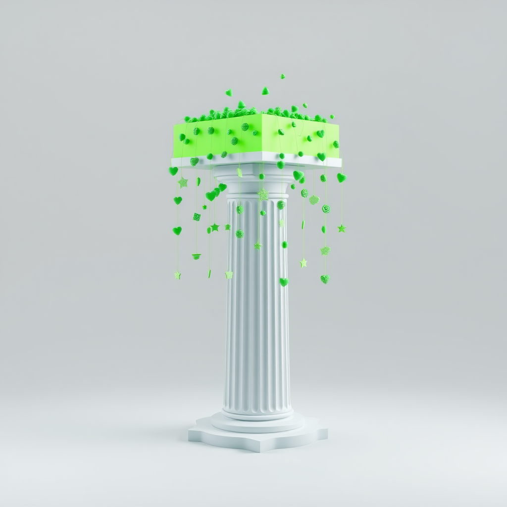 A minimalistic Greek column with a traditional fluted base. On top of the column is a vibrant, neon green rectangular volume acting as the capital. From this rectangular volume, numerous cute and quirky green objects, such as tiny hearts, stars, and abstract shapes, are hanging down. The overall design is clean and minimal, with a blend of surrealism, cuteness, and weirdness in its composition.