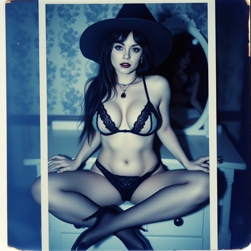 scan of an old polaroid photo with heavy dark vignetting and a blue color tint to the photograph and visible light leaks. The photo depicts a sexy alt goth woman with pale skin and black hair. She has large breasts with ample cleavage and is wearing a tiny revealing bikini bra with triangle shaped cups. She is wearing a witch hat. The image looks hazy and grungy. She is in an old house with wallpaper on the walls. Dark lighting with camera flash used. Candid. She is wearing a tiny revealing lace thong and thigh high stockings. She is sitting on a built-in vanity with a mirror with her knees spread apart. She is wearing black high heels. She has skin texture and visible pores and imperfections.