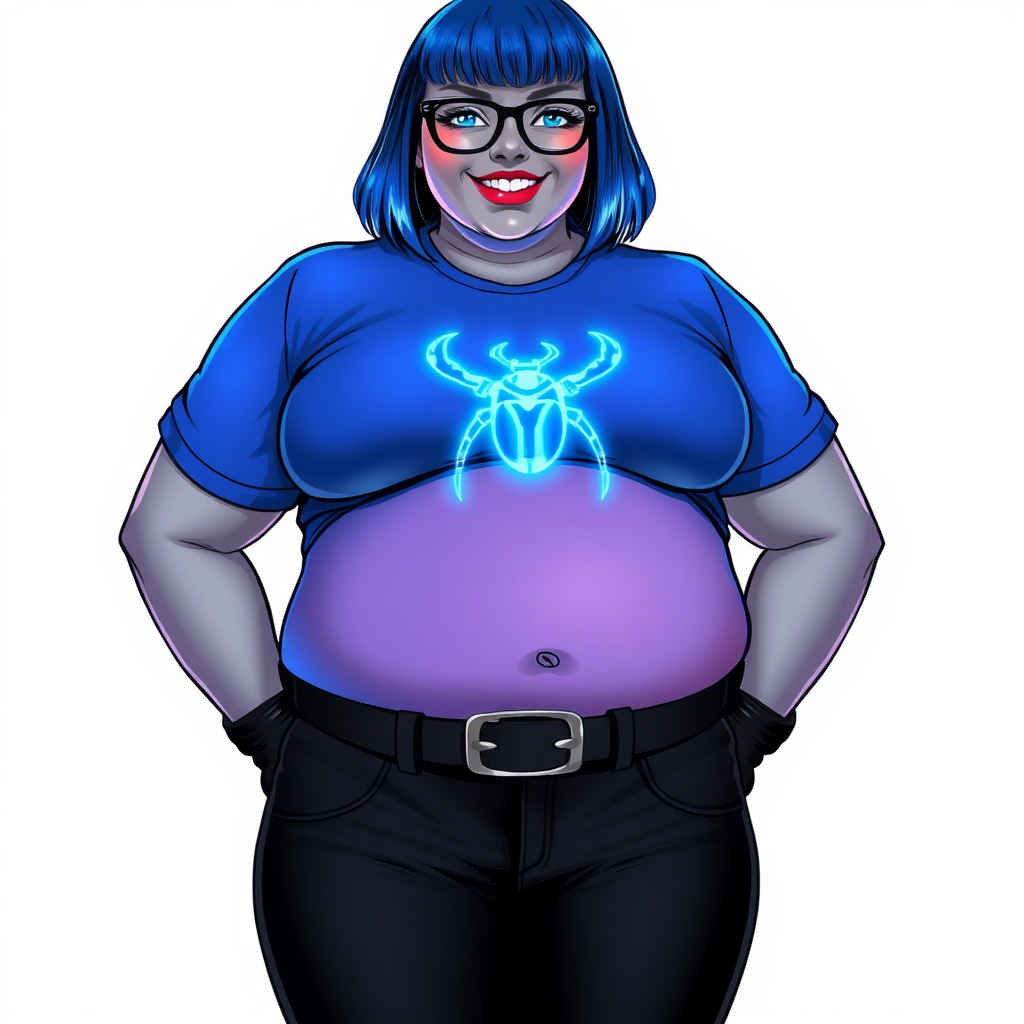 A 28-year-old, full-figured, metallic middle gray skinned computer program hybrid with a maximum blue bob cut. She has a non-athletic build, highlighted by a prominent, round, large midsection (with emphasis on her belly). As a digital sidekick, computer hacker, and nerdy girlfriend to her cyberpunk vigilante boyfriend, her middle gray metallic skin and maximum blue lipstick emphasize her digital nature. She wears a tight-fitting, maximum blue t-shirt (accentuating her large belly) with a neon blue glowing chest icon of a beetle, black pants, a black belt with a sapphire scarab buckle, and black gloves. Her bright blue eyes, black eyeglasses, and lovestruck smile with neon red blush accentuate her nerdiness. She stands bashfully with her hands behind her back, her t-shirt covering her midsection (especially her large belly) and emphasizing her full-figured, non-athletic physique. She is on a solid white background. She is drawn as if she was in a retro 2D cyberpunk fighting game. She is clearly non-athletic, with a focus on her full-figured physique. Ensure her t-shirt covers her midsection (especially her large belly).