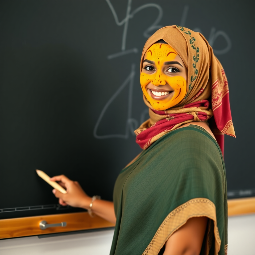 slim, 30 year old, sexy, french female school teacher, saree, scarf head, turmeric face mask. She is smiling and teaching on a blackboard