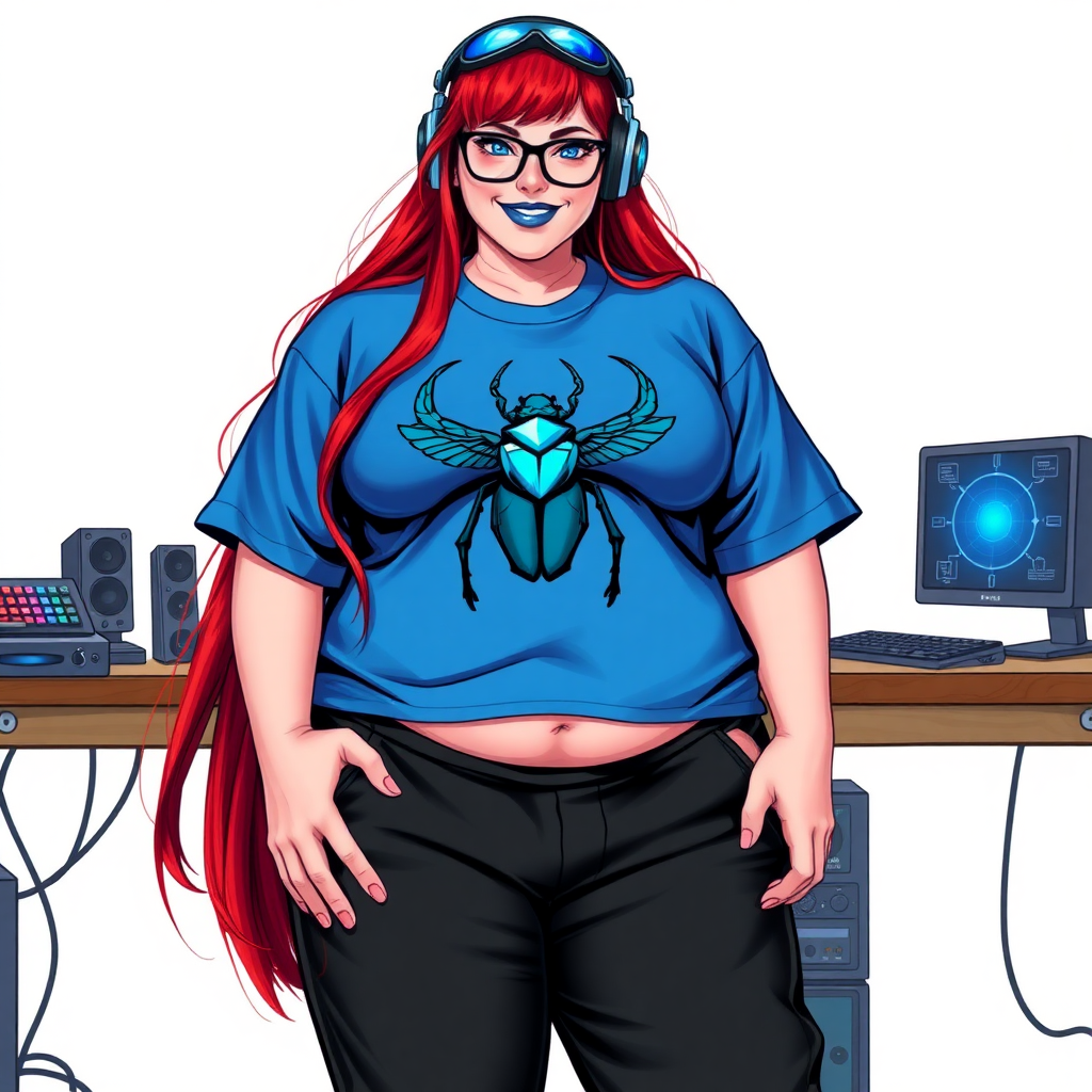 A cyberpunk vigilante's 28-year-old computer science major, nerdy, full-figured, heavily pampered computer hacker and tech-wiz girlfriend with long, ruby red hair. She wears maximum blue lipstick and has bright blue eyes. Her outfit includes an oversized maximum blue t-shirt (accentuating her prominent gargantuan midsection) featuring a blue gemstone beetle chest emblem. She sports black eyeglasses, black sweatpants, a sapphire headset with a maximum blue lensed HUD, with a beaming smile and neon red blush. Her full figure (especially her gargantuan midsection) shows the heavy extent of her doting pampering. She has a prominent, round, gargantuan midsection. Despite her build and lack of self-esteem, she radiates breathtaking beauty. She has an angular face, which accentuates her breathtaking radiant beauty. As her boyfriend's tech-wiz, she primarily works in his hideout, operating from her workbench and her computer desk. The background is solid white. She is drawn as if she was in a retro 2D cyberpunk fighting game.