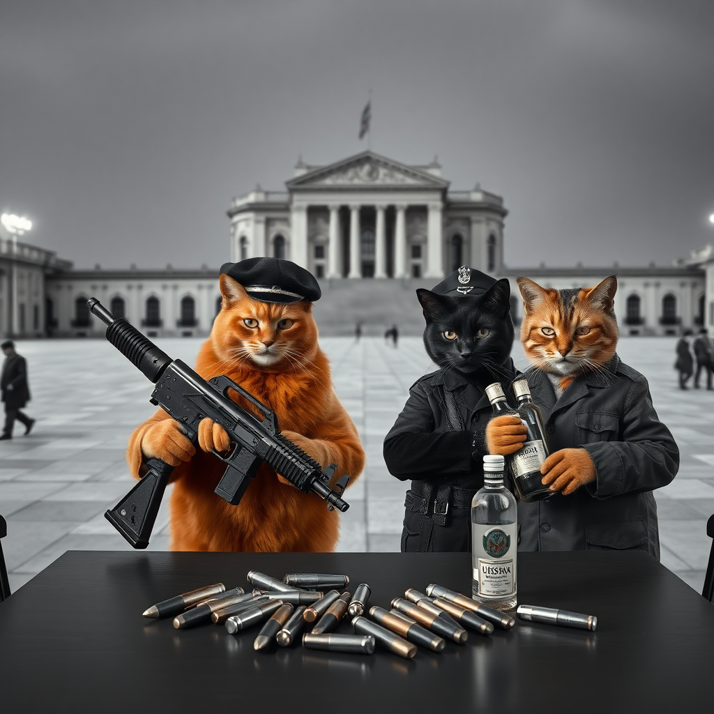 4 cat-men in a large square, a dark-skinned one holding an AK-47, an orange one with a Russian military cap, a dark brown one and a light brown one, USSR communist with vodka, behind a table with bullet casings on it (style black and white photo)