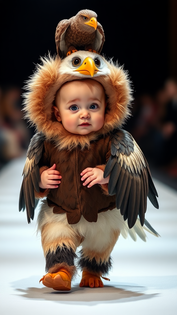 A cute small chubby fair baby with big eyes, pink lips, and pink cheeks, wearing a furry cozy eagle costume, doing a ramp walk in a fashion show, walking with a real eagle, with a cinematic eagle sitting on the baby's head.