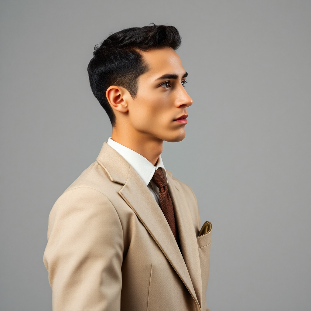 Profile model man, dressed in a light elegant suit, patent leather shoes, very short fine curly hair, oval face, small nose, brown eyes, thin lips, normal attached ears, slight double chin, Mediterranean complexion, very thin eyebrows.