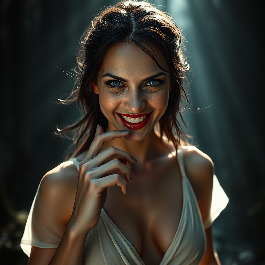 Enigmatically alluring inviting and scary looking smile.  
Running through a secretive place, a small pond with God rays of light shining on her face in a glade in a tall magical forest where she lives, ready for a nude swim at any moment.  
  
The image presents Beautiful Hell standing with a powerful and commanding presence. She is a hyper photo realistic woman, visibly sweating, exuding menace, sexuality aroused, and beauty. The background is dark and mysterious, enhancing her enigmatic presence and adding depth to the image.  
  
Her dark raven-black hair cascades down in soft, wavy strands often caught in a breeze, contrasting sharply against her pale, flawless unblemished skin with delicate feminine sexual tattoos sprinkled around her body.  
  
Beautiful Hell has a strikingly beautiful face with fine unbroken porcelain white skin and smooth, defined features. Her mouth slightly open, with an index finger laying on her lip and the tip of her finger in her mouth. And her teeth are hyper realistic.  
  
Her eyes are sharp and in focus when zoomed in to one of her eyes. Her eyes are a piercing blue, intensely realistic in detail, bright and crisp, and realistically detailed and deep are intense and captivating, capable of drawing you in, and intimidating anyone who meets her gaze. Her eyes show an intense need to own the viewer, are framed by long dark lashes, adding to their dramatic effect. Her expression is sexual and menacing and intense, reflecting her dual nature.  
  
Emotional and Visual Impact:  
The image evokes a sense of raw sexual attraction and admiration for Beautiful Hell’s beauty, body, intricate revealing, intimacy, and intensity. The combination of transparent sheer fabric, a deep and wide plunge line that reveals the edge of her nipples, and delicate ultra light white silk of her dress creates a balance between elegance and sexual allure, making her beautiful to linger your gaze upon, unavoidably sexually attractive, and intimidating. The visual intensity of the image is heightened by the dark, mysterious background, which adds to her enigmatic presence. The overall emotional response is a mix of admiration for her beauty, a subtle unnerving sense of fear or respect, and mostly for her bold, daring, sexual attention demanding design that she wears to specifically honor her deliberate and leading the viewer to physical sexual attraction to her. Her demeanor and physical exposure are outrageously bold, giving her an openly gleeful and ecstatic smile reflected in her brilliant blue eyes, and inviting anyone to oppose her.  
  
Dress Design and Features:  
Plunge Line: The dress, made of a thin revealing silk, shows the colors of her areolas and features a deep and wide plunge line that extends to just below her belly button, revealing the smooth skin of her torso and her belly button emphasizing the dress's allure and Beautiful Hell's alluring natural sexuality.  
The dark, remarkably fine silk of the dress clings closely to her figure, accentuating her curves and emphasizing her feminine form.