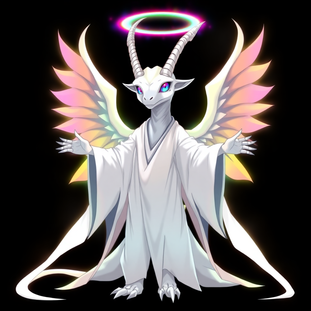 (Anime Styled Art) Against a deep black background, a tall, white reptilian humanoid resembling a goat stands gracefully. Its striking rainbow eyes glimmer with intensity, complemented by two elegant white horns that curve upwards. Clad in flowing white-black robes, the figure is enveloped in a chaotic rainbow aura that radiates vibrantly around its entire body. With arms extended outward, it showcases three large ethereal angel wings that add an air of divine mystique.