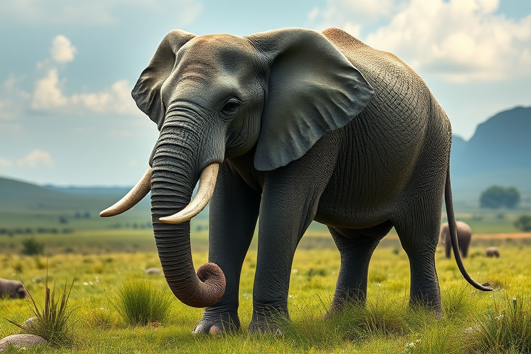 Create a full-length photorealistic image featuring an elephant that has the musculature and silhouette of a mouse. The elephant's head remains intact, complete with detailed facial features. Its skin retains the texture of an elephant while incorporating soft fur reminiscent of a mouse. The background blends elements inspired by both animals, showcasing a unique habitat, combining verdant grasslands and open spaces with hints of a cozy, burrow-like environment.