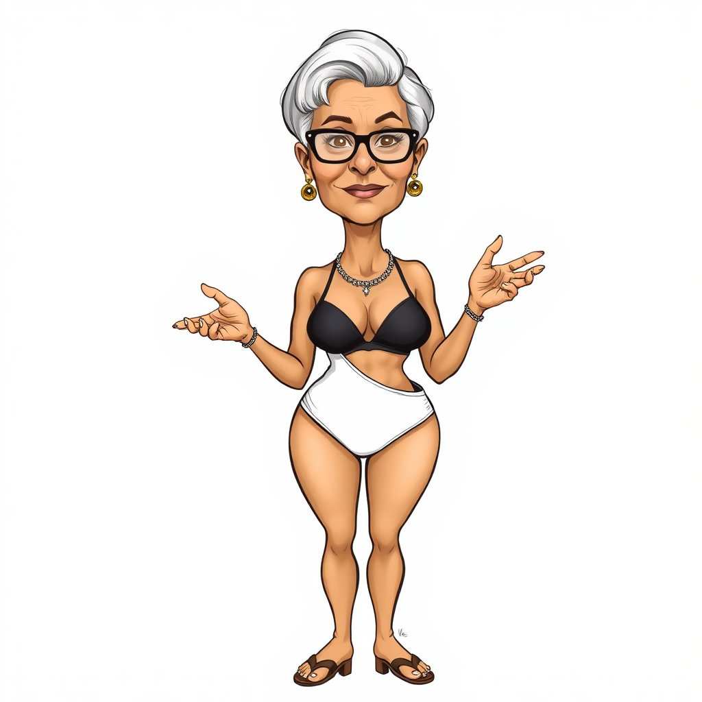 a towering 55 Years old, fit, slim, European, Latina, sharp aquiline nose, wrinkles, high cheekbones, Middle Eastern, Skinny, Tanned skin, Dark light skin, Rounded Medium breasts, Skinny thighs, full Makeup, jewelry, Serious face, Sharp nose, Ash hair, short bowl haircut, Brown eye color, Glasses, with detailed features. she is wearing black balconette bras and a white open front high cut cut out slingshot swimsuit, detailed fabric. full body, high heels sandals, she is gesturing at the viewer, long establishing shot, 2D, caricature, cartoon, Sketch lines, coloring book, nlack and white, coloring book style on white background, well composed, clean coloring book page, No dither, no gradient, strong outline, No fill, No solids, vector illustration, realistic proportions