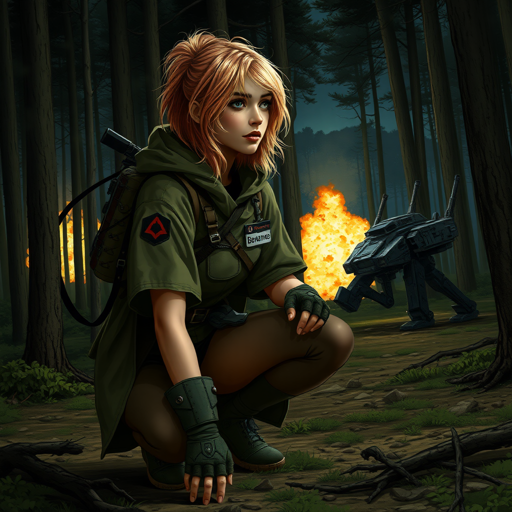 A twenty something female like Ana de Armas, athletic, thin, medium length wild strawberry blond hair, in military poncho, name tag sewn on her left chest pocket that says "Benaenae". Science fiction equipment strapped to her. She is crouching in a forest at night, looking toward explosions in the background. Trees all around. Ruined battlemech nearby.