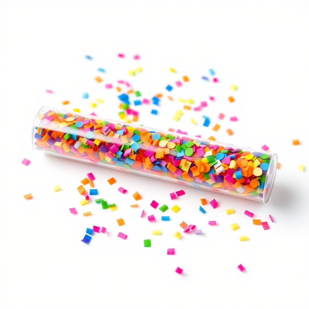 colorful confetti popper tube lying flat at an angle with confetti around it, white background