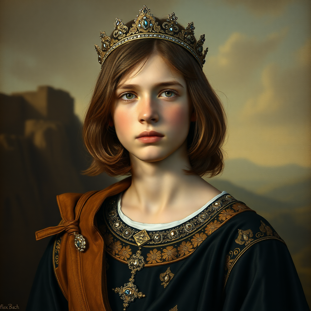 16yo teen boy prince, long bob cut, embroidered with gold and diamonds medieval cloths, diamond diadem and Beautiful War, natural Skin Texture, visualization of embossed Skin using the play of light and shadow. Free style by 50% Adolphe William Bouguereau and 15% Sandro Botticelli and 35% Otto Lomüller, The background is in the style of landscape style by Antonio del Polaiolo. Studio lighting, professional lighting. Generating the signature at the bottom: FluxBach. ultra high resolution, 16K,