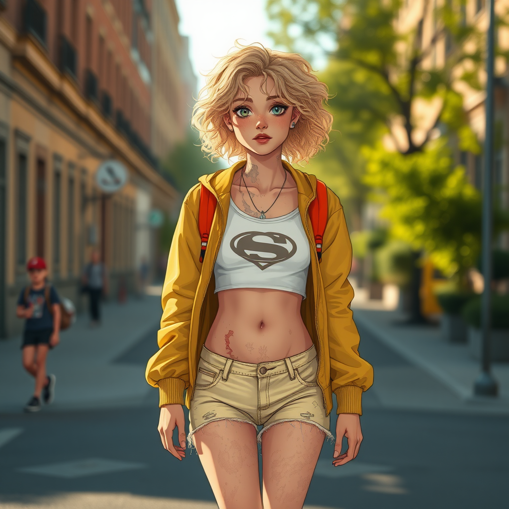 Ultra Realistic taken photo style image, Extremely good quality 8k resolution drawn manga image of a 15 year old petite and short tomboy girl with golden blonde curly hair with mixed and different colored eyes for each eye and moles on her entire body and is a white American girl, Has on a Gold Jacket over a white extremely short crop top only covering her breasts and nothing more with a design on it, and has on ripped shorts and cool looking sneakers with a deep scar or injury on her stomach with a bright color backpack, ear piercings on, walking on the street to school in the morning with the beautiful sunlight lighting up her body beautifully.