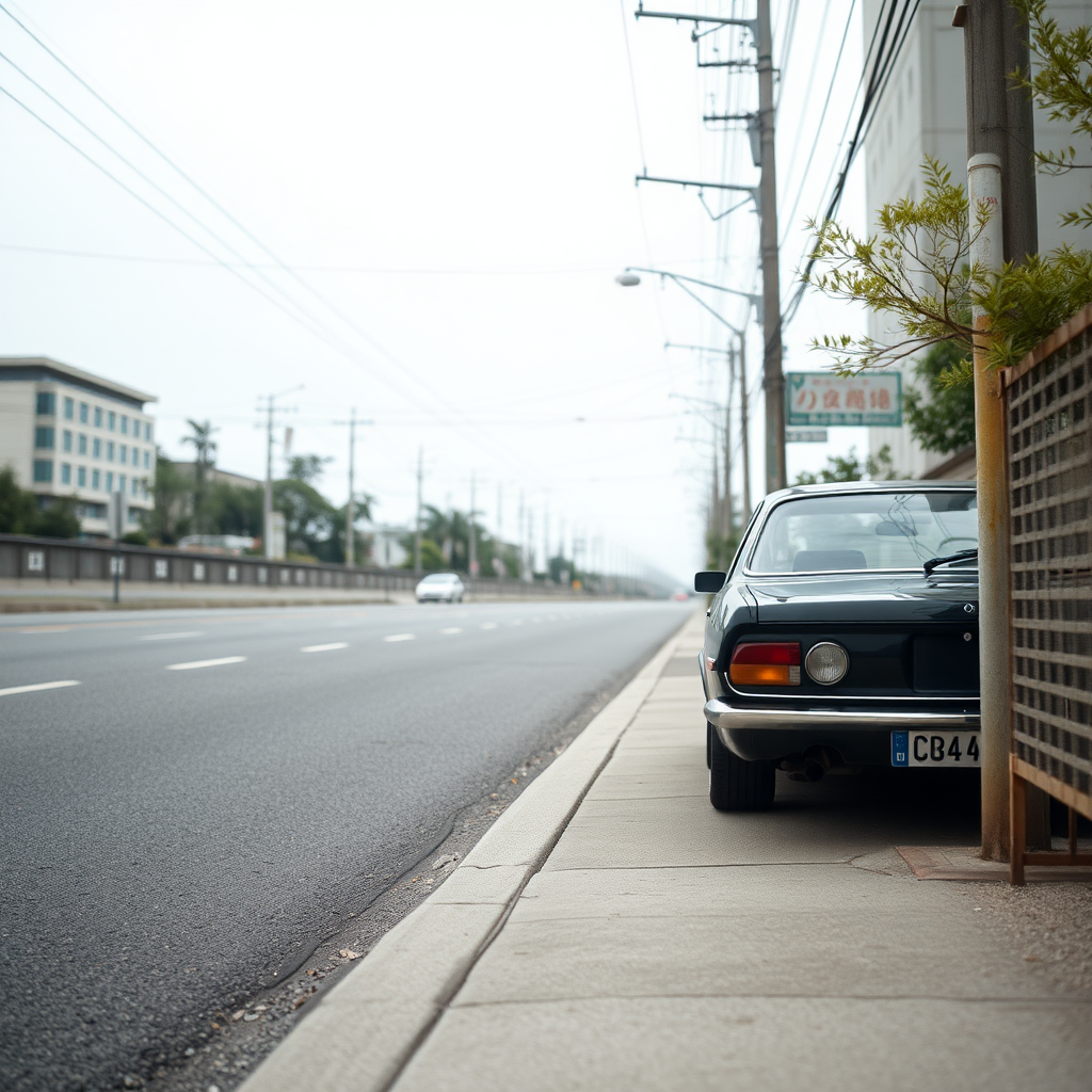 the car is parked on the side of the road, inspired by Taiyō Matsumoto, tumblr, restomod, nd4, c4