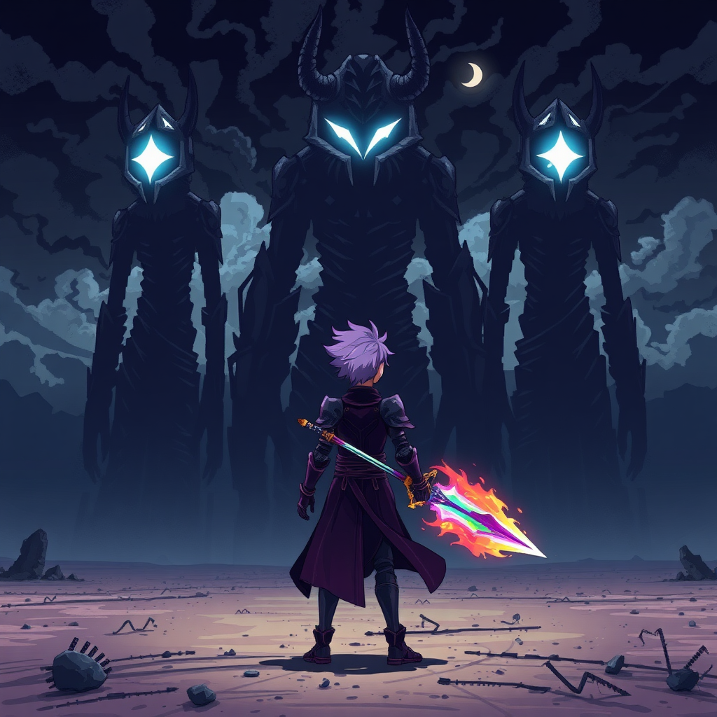 (Anime Style Pixel Art), In a post-apocalyptic wasteland, under ominous dark skies, a desolate plain stretches endlessly. Three towering, humanoid titans made of pure, shifting shadows loom over the land—beings of absolute darkness. Their bodies ripple with black smoke, each possessing a single piercing white star-like eye that gleams menacingly. Two of them are slender, stick-like figures, while the massive, center titan boasts a hulking, grotesque form with two jagged horns protruding from its head, exuding raw power. These are The Roaring Titans, bringers of destruction.

In the foreground, a defiant young teen stands firm with his back to the titans. His wild purple hair sways in the wind, matching his sleek, dark-purple knight armor that glows faintly with ethereal energy. In his hand, he grips a magnificent sword engulfed in rainbow-colored flames, ready to take on the impossible. His stance is fearless, radiating the aura of a warrior facing down the apocalypse itself.