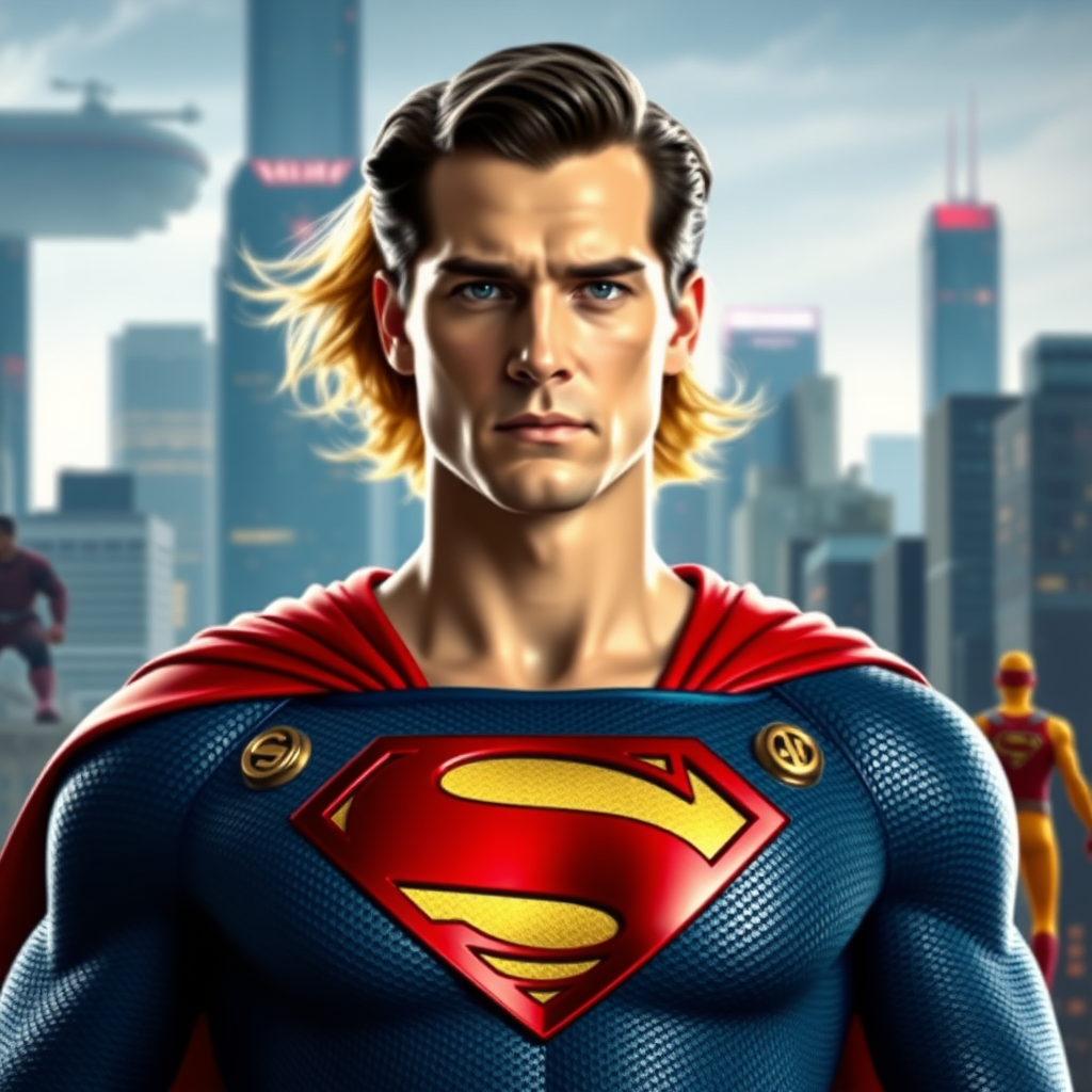 Generate a full-length image of Superman using the female figure of Elastigirl. Keep Superman's head intact, preserving his hairstyle and facial features. Retain Superman's classic costume, adding stylish embellishments from Elastigirl's outfit, altering them to fit the new proportions. Create a dynamic background inspired by the iconic settings of both characters, blending the futuristic Metropolis and Elastigirl's vibrant action scenes.