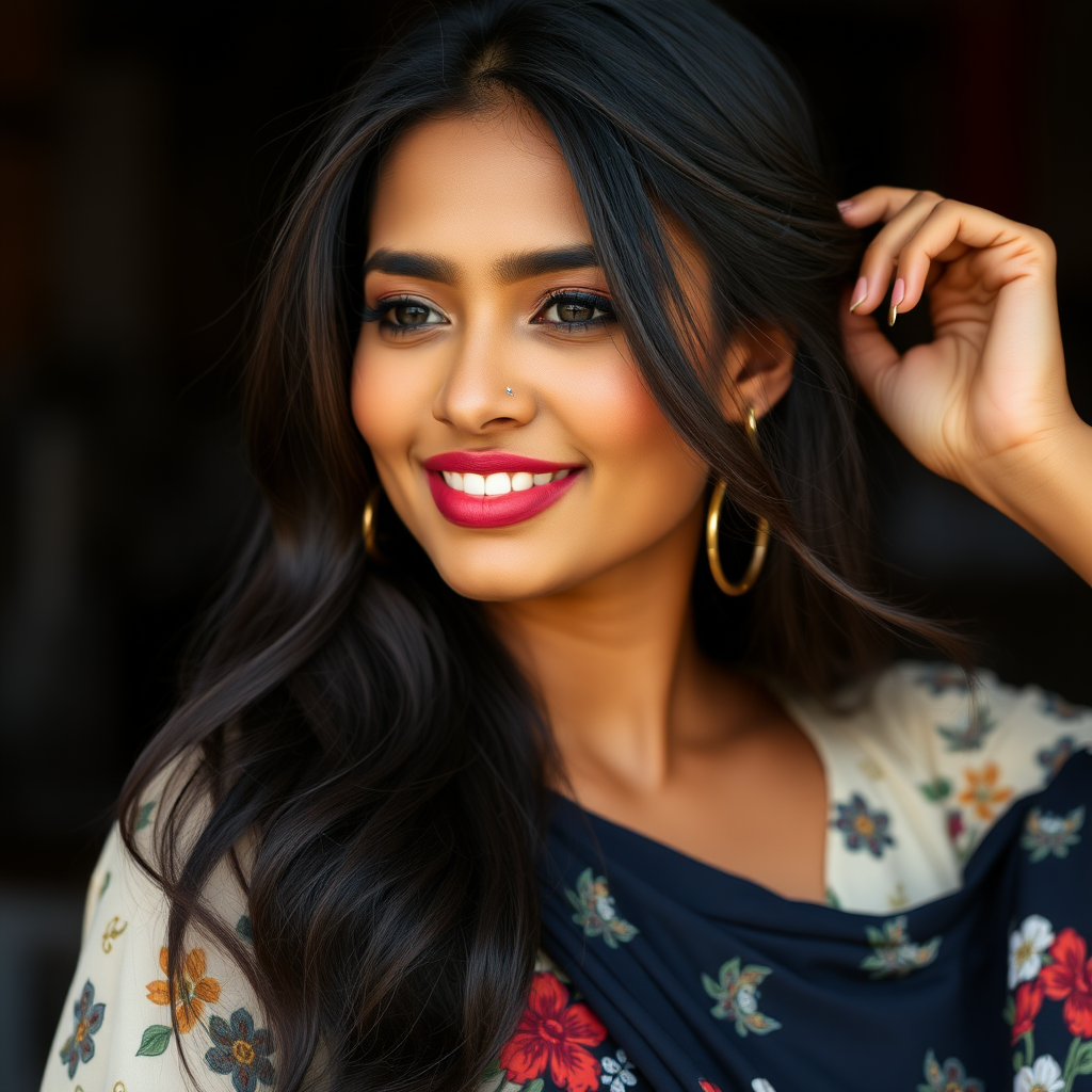 An attractive Sinhalese woman in her 20s styling her long hair