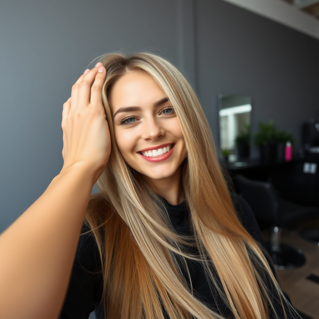 POV, beautiful very long haired blonde woman sitting in a hair salon smiling at the camera while I reach out from behind the camera to massage her scalp. My fingers are in her hair rubbing her scalp while her hair is covering my hands. 
Plain gray background.