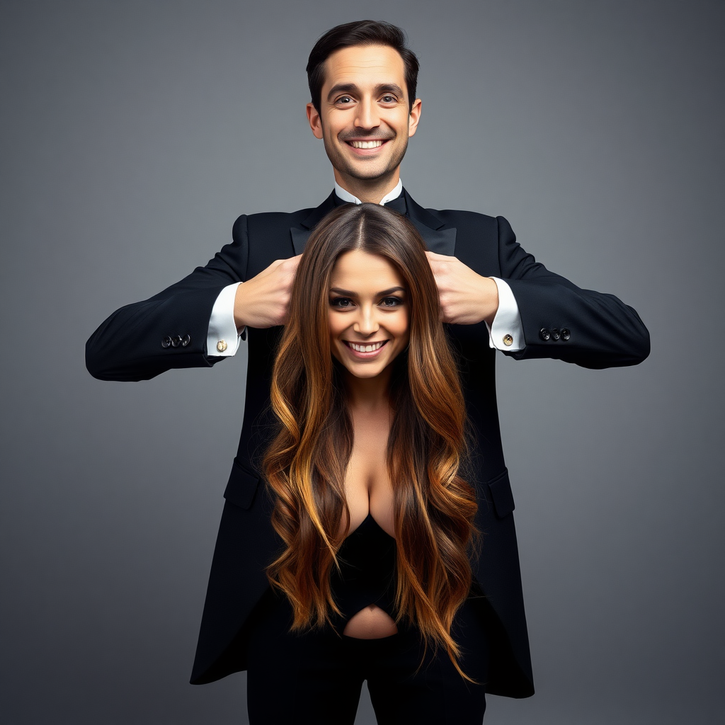 A surreal image of a smiling male magician holding the disembodied head of a very long haired Kate Middleton in front of his crotch.  Plain gray background.