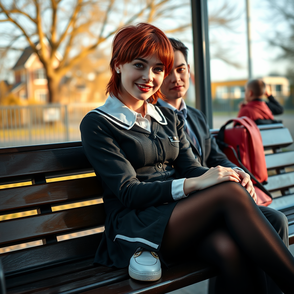 photorealistic, ultra high resolution, 16K, surreal fantasy, soft studio lighting, a pretty 18 year old goth male, slim male physique, auburn hair, goth makeup, earrings, shiny black pantyhose, UK girls-school uniform, Mary-Jane shoes, sitting on his boyfriend's lap on a bench waiting for the school bus, in daylight, excited smile, facing the camera.