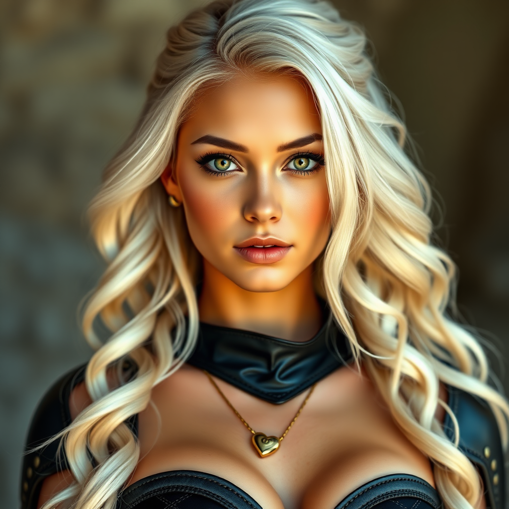 Portrait of a beautiful young woman with long wavy platinum blonde hair, green eyes, a suntan, light brown eyebrows, and large breasts. She is wearing black leather armor and a gold necklace with a small heart pendant.