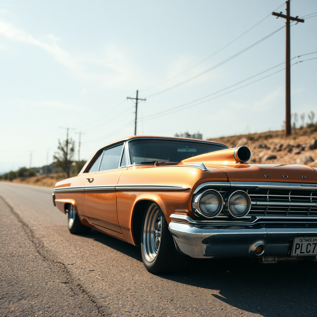 The drag car is parked on the side of the road, inspired by Taiyō Matsumoto, tumblr, restomod, nd4, c4 metallic shine classic american low rider ford