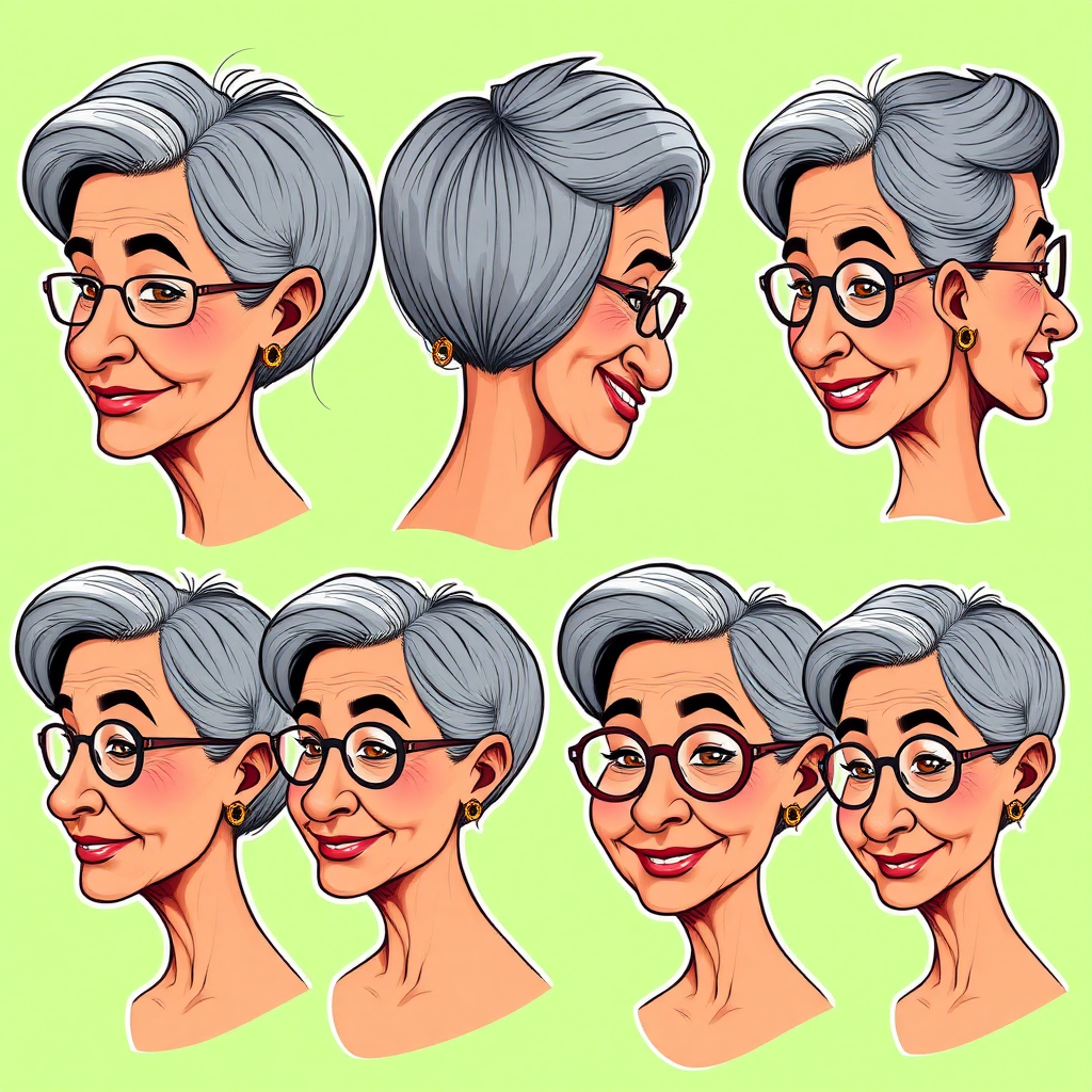 Photorealistic image of six headshots of a 50 Years old, European, Latina, sharp aquiline nose, wrinkles, high cheekbones, Middle Eastern, Skinny, Tanned skin, Dark light skin, full Makeup, jewelry, Sharp nose, frowning, exaggerated cartoon expression, lascive smile, dark grey Ash hair, short bowl haircut, Brown eye color, round Glasses, with detailed features. Each photo displays the same face in back, profile and front view, cut out and isolated on a green background. All six heads are visible side by side, empty space around each view, no overlapping. 2D, caricature, cartoon, Sketch lines, coloring book style, well composed, clean coloring book page, No dither, no gradient, strong outline, vector illustration