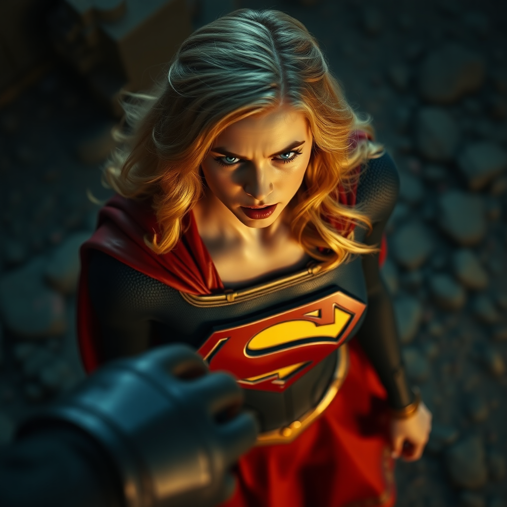 A snapshot from above of Supergirl in Zack Snyder's film; she's angry at the enemy in front of her. Realistic, trailer shots, cinematic.