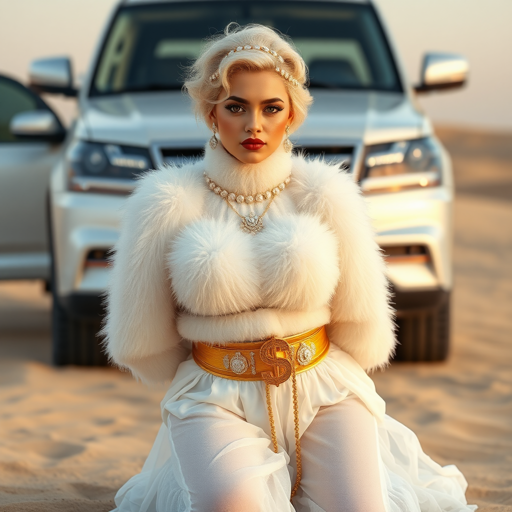 Kuwait desert dunes misty dawn, full size luxury SUV: Melissa, European 17 years old very convincing femboy “trophy-bimbo”, tamed servile docile, very beautiful feminine flawless face, rather short, by hormones very curvaceous womanly figured, platinum blond short tight curls, bold red lips, heavily made-up face, wearing Supertanya-style fluffy very fuzzy bright white angora turtleneck-poncho cropped ending under bust decorated with pearls and gemstones, striking oriental wide gold bridal protection belt, white fully transparent harem pants, full Oriental bridal jewelry including headpiece, Battoulah face veil, coin anklets, striking diamond “$$$” letter brooch on left chest, pout frustrated, hands tied behind back, kneeling in sand in front of SUV, looking at camera. Focus on face and turtleneck-poncho.