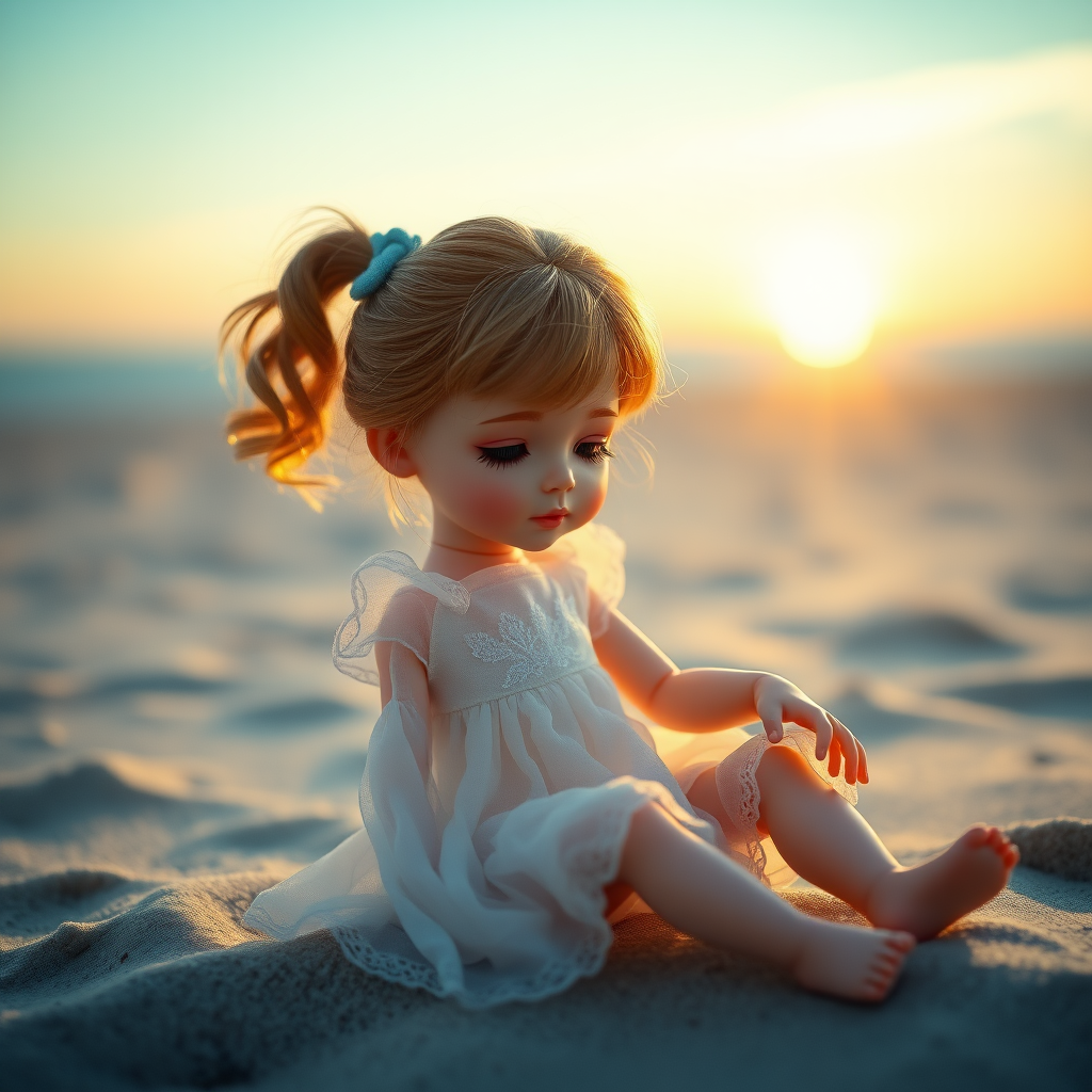 ooak art doll playing on the beach in the evening, blue hour, artist doll, realistic doll, life-like porcelain doll, young preteen girl, unique personality, bisque doll, aesthetic, artistic photography, sunshine, natural, translucent, reflective