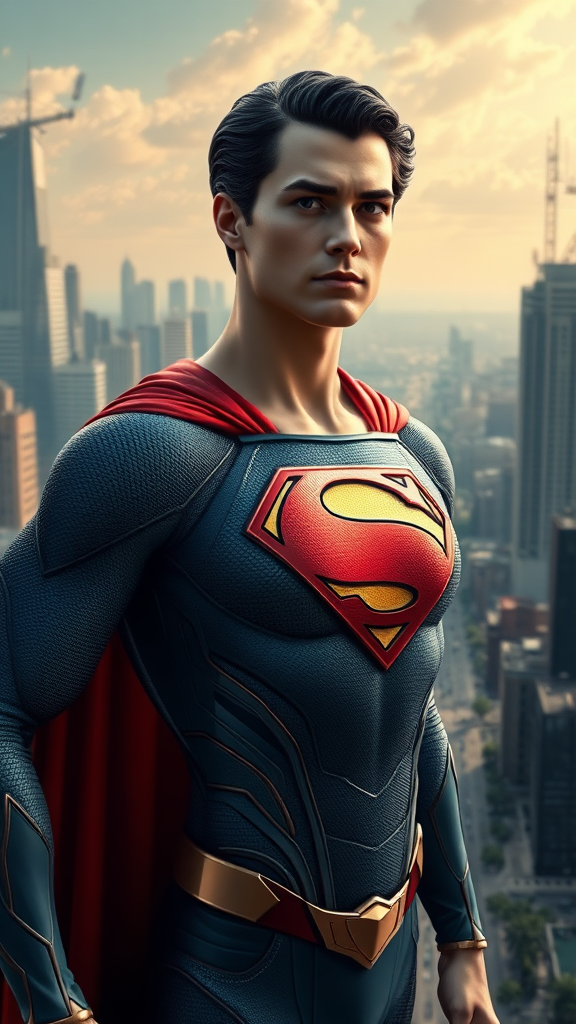 Generate photorealistic full-body image of Superman but reimagine him having Elastigirl's female physique, retaining Superman's head. Adapt iconic costume to fit new form. Set against a blended cityscape inspired by Metropolis' urban skyscrapers and Elastigirl's suburban Parr hometown.