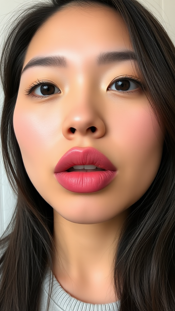 petite asian with juvederm lip fillers injected into her lips. Her lips are puffy, swollen, discolored, very large, engorged.