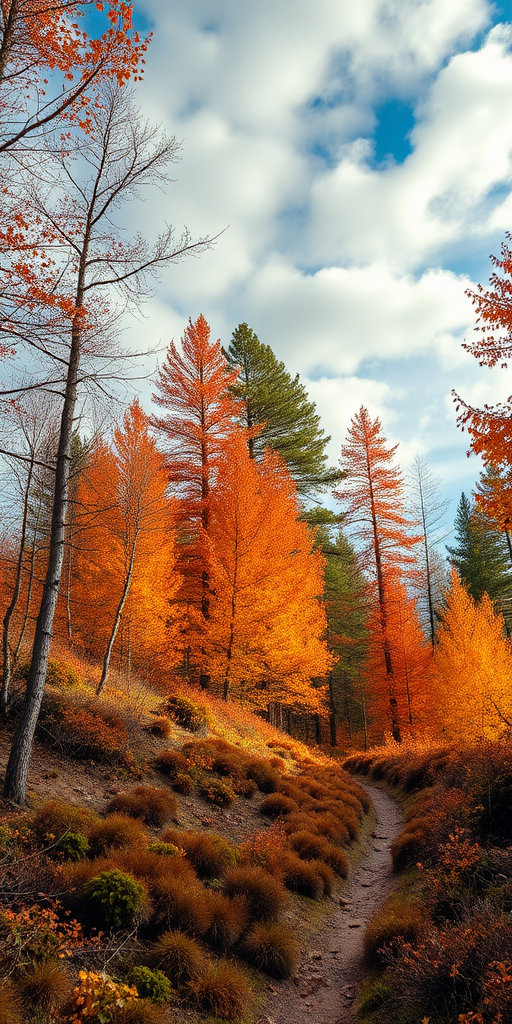 Autumn forest with alpine vegetation with a path, sky with clouds in high definition