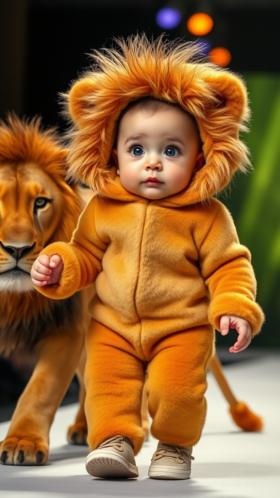 A cute small chubby fair baby with big eyes, pink lips, and pink cheeks wearing a furry cozy lion costume is doing a ramp walk in a fashion show, walking with a real lion while holding the lion with one hand. Cinematic.