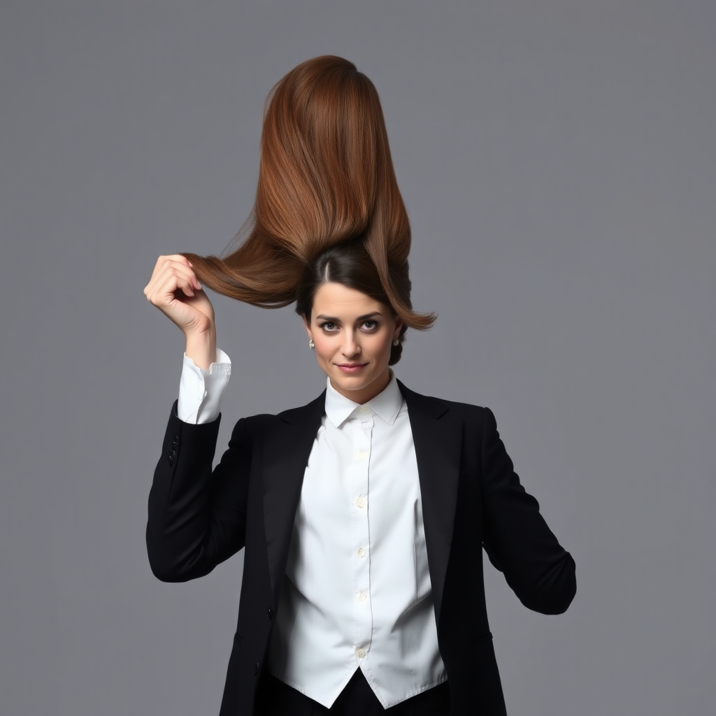 A surreal image of a magician holding up the disembodied head of a very long haired Kate Middleton. He is grabbing her very long hair and pulling it up high in the air, while her head is hanging by her hair from his grasp to display it to the camera. Plain gray background.