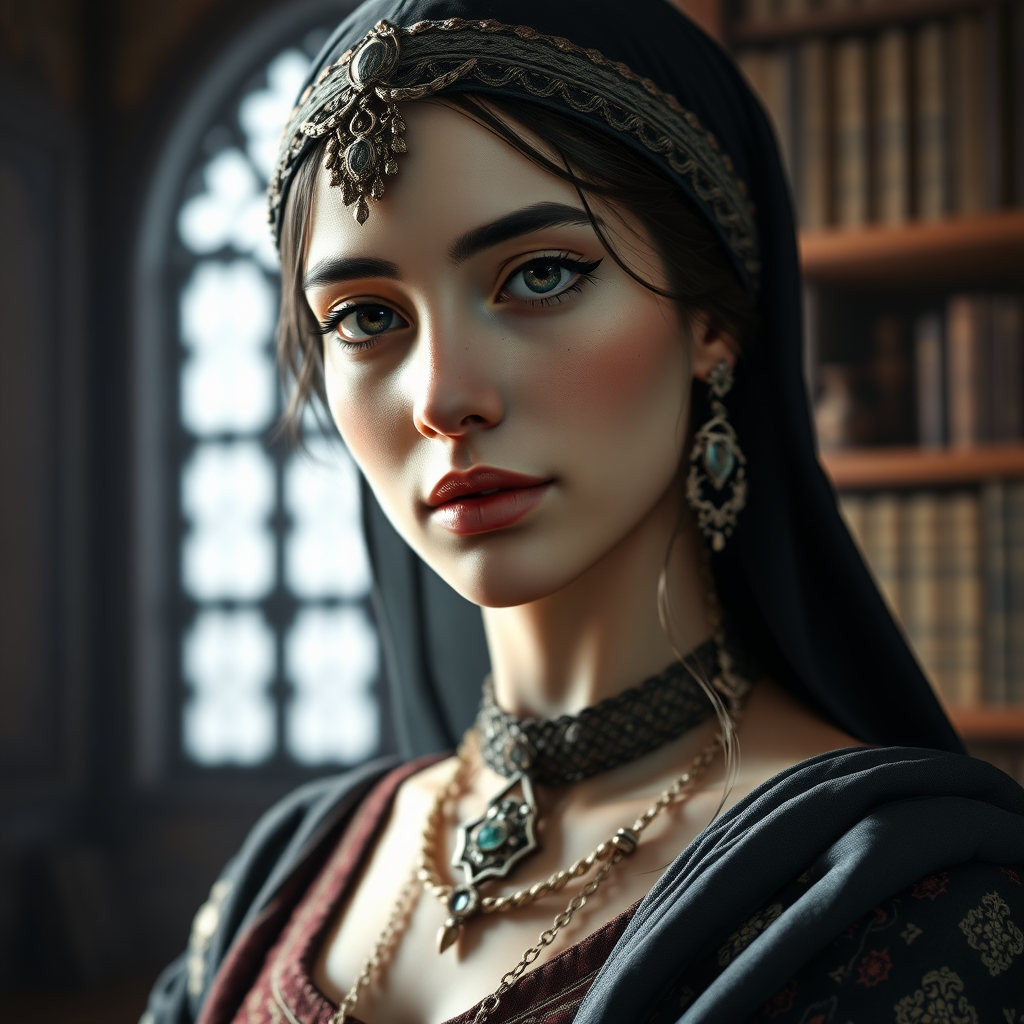 In the world of Vampire the Dark Ages, a beautiful and enchanting 17-year-old Muslim woman with Arabic features and a cadaverous complexion, dressed like a medieval Persian woman. The image should depict the character from the head to the waist. The background should show a medieval library. High definition, photorealistic, 16K.