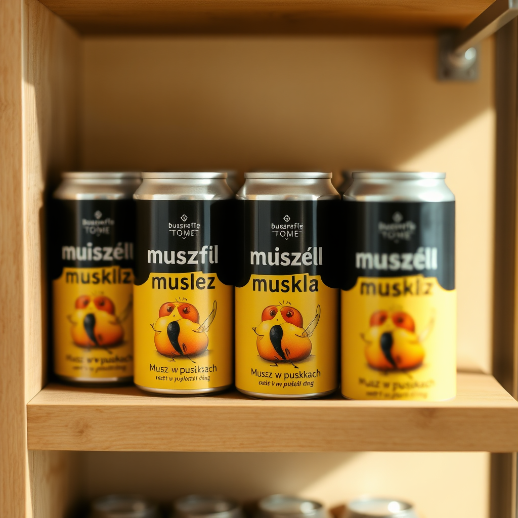 a small shelf with cans that have an image of home fly on the label and text saying "musz w puszkach", the text should say "musz w puszkach" with no errors, musz w puszkach, musz w puszkach, musz w puszkach, musz w puszkach