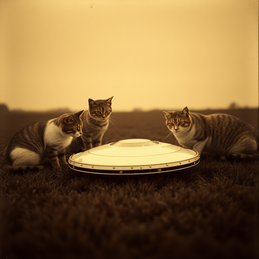 highly detailed sepia toned real photograph from the late 1940's of a group of different cats examining a UFO that is on the ground in a field