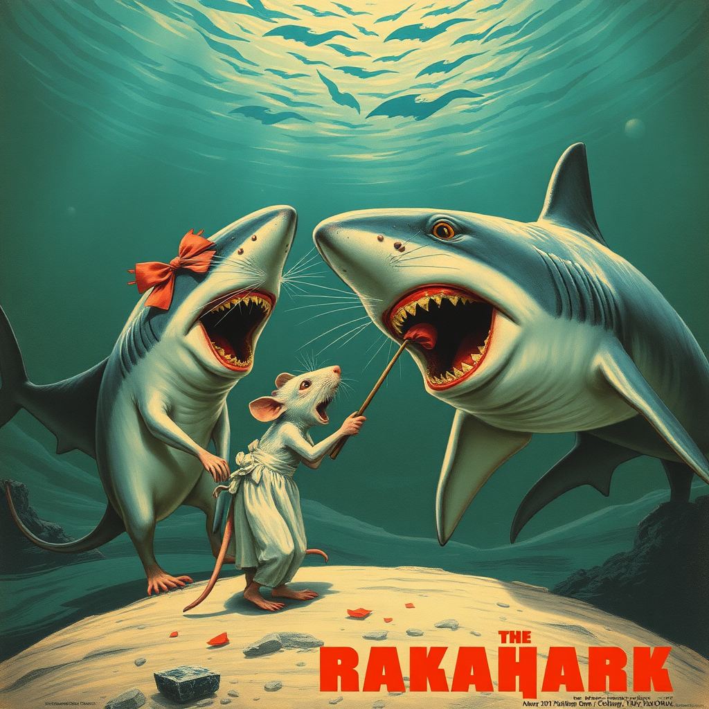 A rat wedding being attacked by hammerhead sharks, Soviet propaganda poster, no text, Lovecraftian, in India